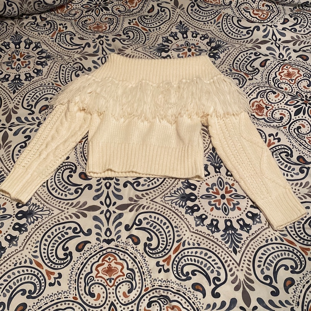 Women’s off the shoulder, fringe, pullover sweater, long sleeves, slim fit